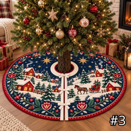 Scandinavian Village Quilt Christmas Tree Skirt – Nordic Folk Art Red Houses Snowy Winter Scene - Image 3