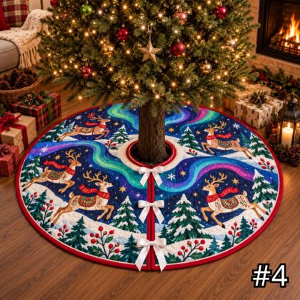 Aurora Reindeer Quilt Christmas Tree Skirt – Scandinavian Folk Art Winter Sky in Teal Cobalt Purple - Image 4