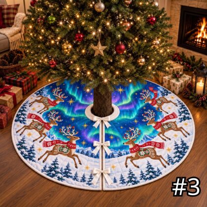 Aurora Reindeer Quilt Christmas Tree Skirt – Scandinavian Folk Art Winter Sky in Teal Cobalt Purple - Image 3