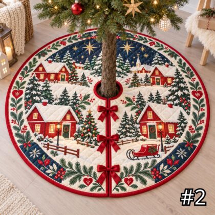 Alternative view of Scandinavian Red Cabin Quilt Christmas Tree Skirt – Nordic Folk Art Snowy Village Lantern Wreath Sleigh