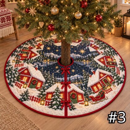 Scandinavian Red Cabin Quilt Christmas Tree Skirt – Nordic Folk Art Snowy Village Lantern Wreath Sleigh - Image 3
