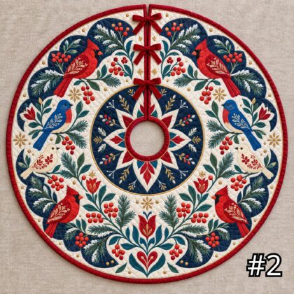 Alternative view of Scandinavian Winter Birds Quilt Christmas Tree Skirt – Cardinal Blue Bird Rowan Branch Nordic Folk Art Snow