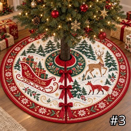 Scandinavian Red Sleigh Quilt Christmas Tree Skirt – Nordic Folk Art Gifts Deer Fox and Pine Forest Festive - Image 3