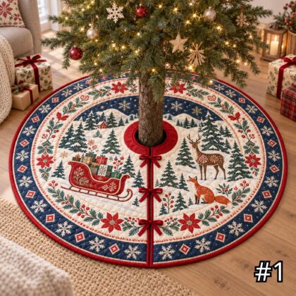 Scandinavian Red Sleigh Quilt Christmas Tree Skirt – Nordic Folk Art Gifts Deer Fox and Pine Forest Festive