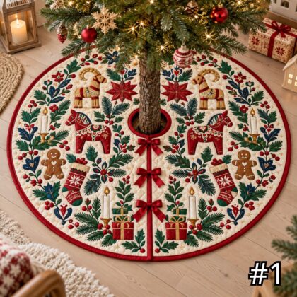 Scandinavian Folk Art Symbols Quilt Christmas Tree Skirt