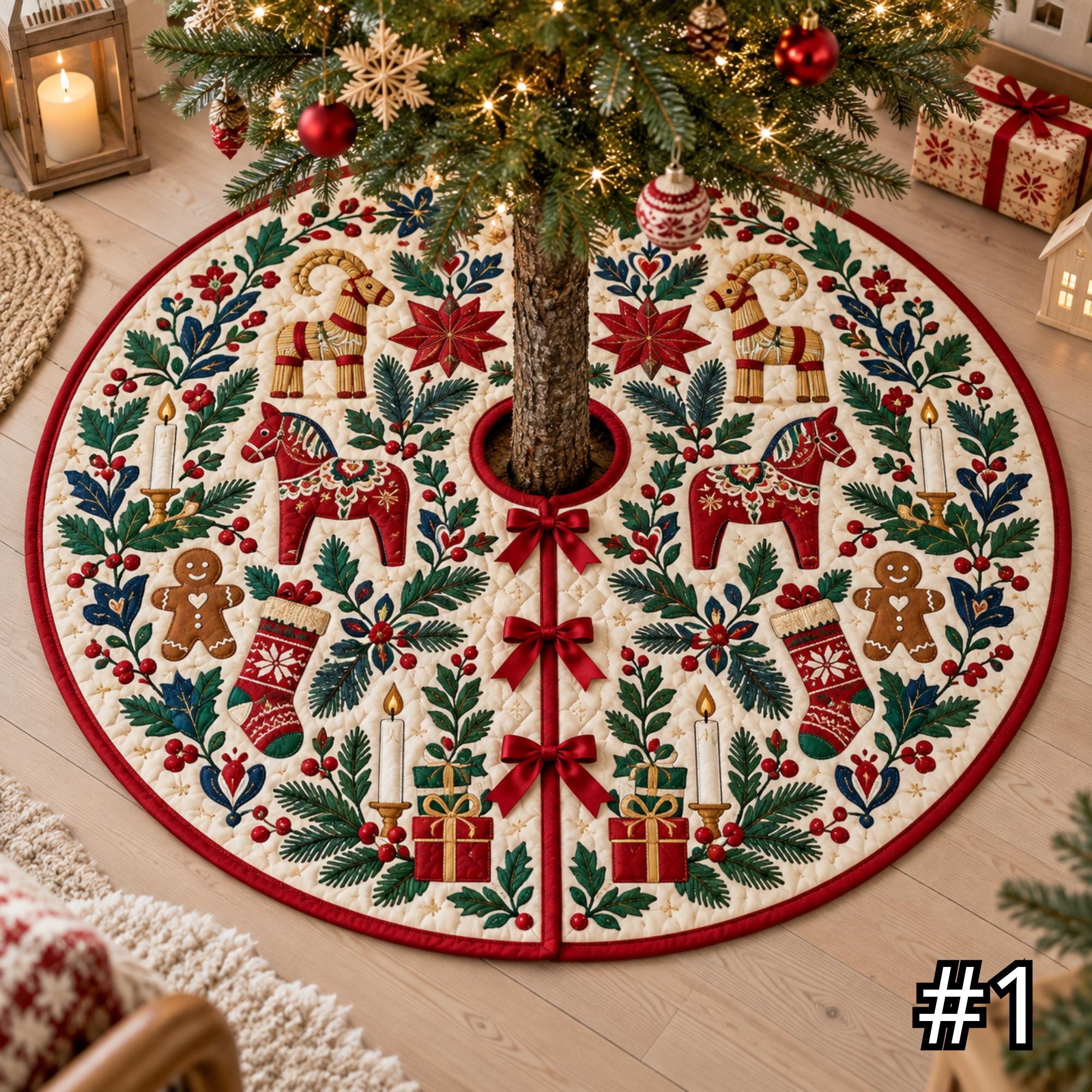 Scandinavian Folk Art Symbols Quilt Christmas Tree Skirt