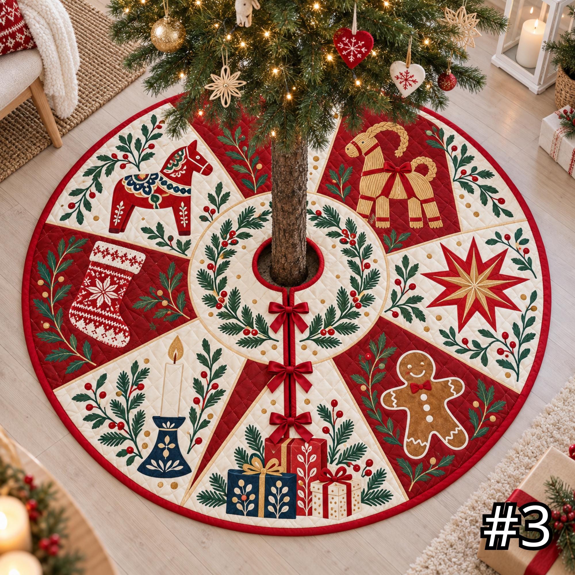 Scandinavian Folk Art Symbols Quilt Christmas Tree Skirt - Image 3