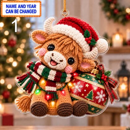 Christmas Cow 2D Ornament – Crochet Inspired Farm Animal Holiday Decor