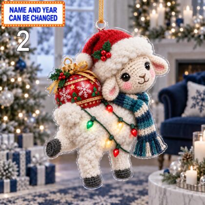 Alternative view of Christmas Sheep 2D Ornament – Crochet Inspired Farm Animal Holiday Decor