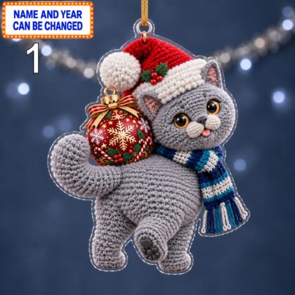 Christmas British Shorthair Cat 2D Ornament – Crochet Inspired Pet Decor