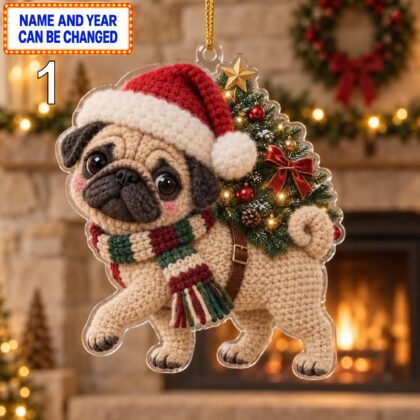 Christmas Pug 2D Ornament – Crochet Inspired Pet Holiday Decor