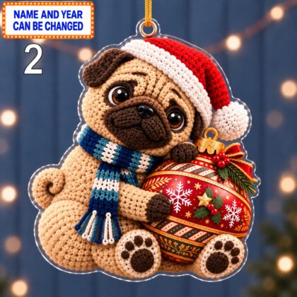 Alternative view of Christmas Pug 2D Ornament – Crochet Inspired Pet Holiday Decor