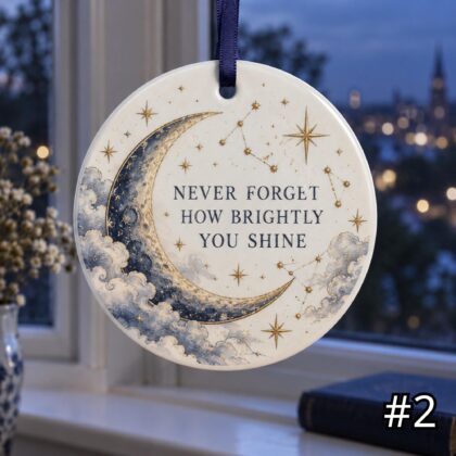 Alternative view of Moon and Golden Stars Ceramic Ornament – Never Forget How Brightly You Shine Inspirational Gift