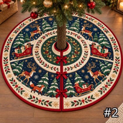 Alternative view of Scandinavian Red Sleigh Quilt Christmas Tree Skirt – Nordic Folk Art Gifts Deer Fox and Pine Forest Festive