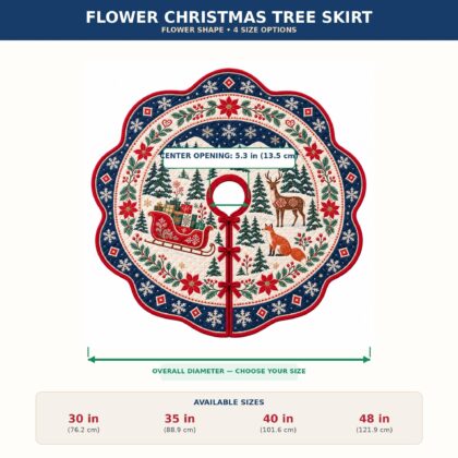 Scandinavian Red Sleigh Quilt Christmas Tree Skirt – Nordic Folk Art Gifts Deer Fox and Pine Forest Festive - Image 6