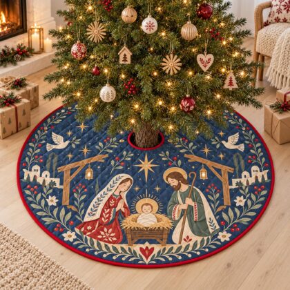 Nativity Christmas Tree Skirt – Quilted Holy Family Manger Scene - Image 3