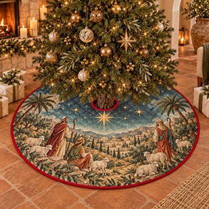 Bethlehem Star Christmas Tree Skirt – Quilted Shepherd Nativity Scene - Image 3