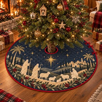 Alternative view of Bethlehem Star Christmas Tree Skirt – Quilted Shepherd Nativity Scene