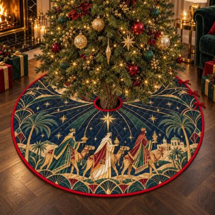 Alternative view of Three Wise Men Christmas Tree Skirt – Quilted Nativity Scene with Camels