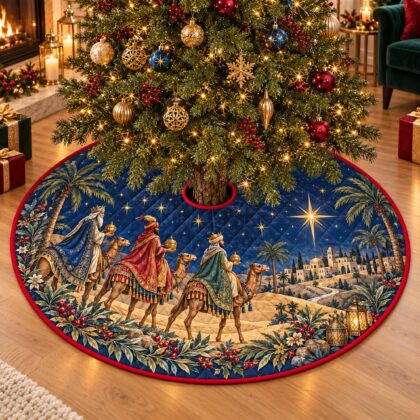 Three Wise Men Christmas Tree Skirt – Quilted Nativity Scene with Camels