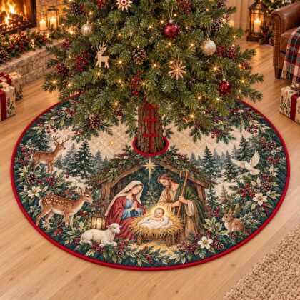 Woodland Nativity Christmas Tree Skirt – Quilted Holy Family Scene