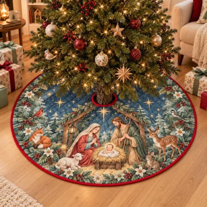 Alternative view of Woodland Nativity Christmas Tree Skirt – Quilted Holy Family Scene
