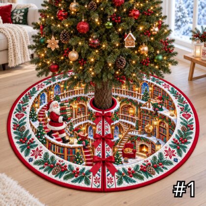 Santa's Spiral Storybook Library Quilt Christmas Tree Skirt
