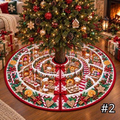 Alternative view of Gingerbread Bakery Atrium Quilt Christmas Tree Skirt – Cookie Shop Candy and Pastry Scene