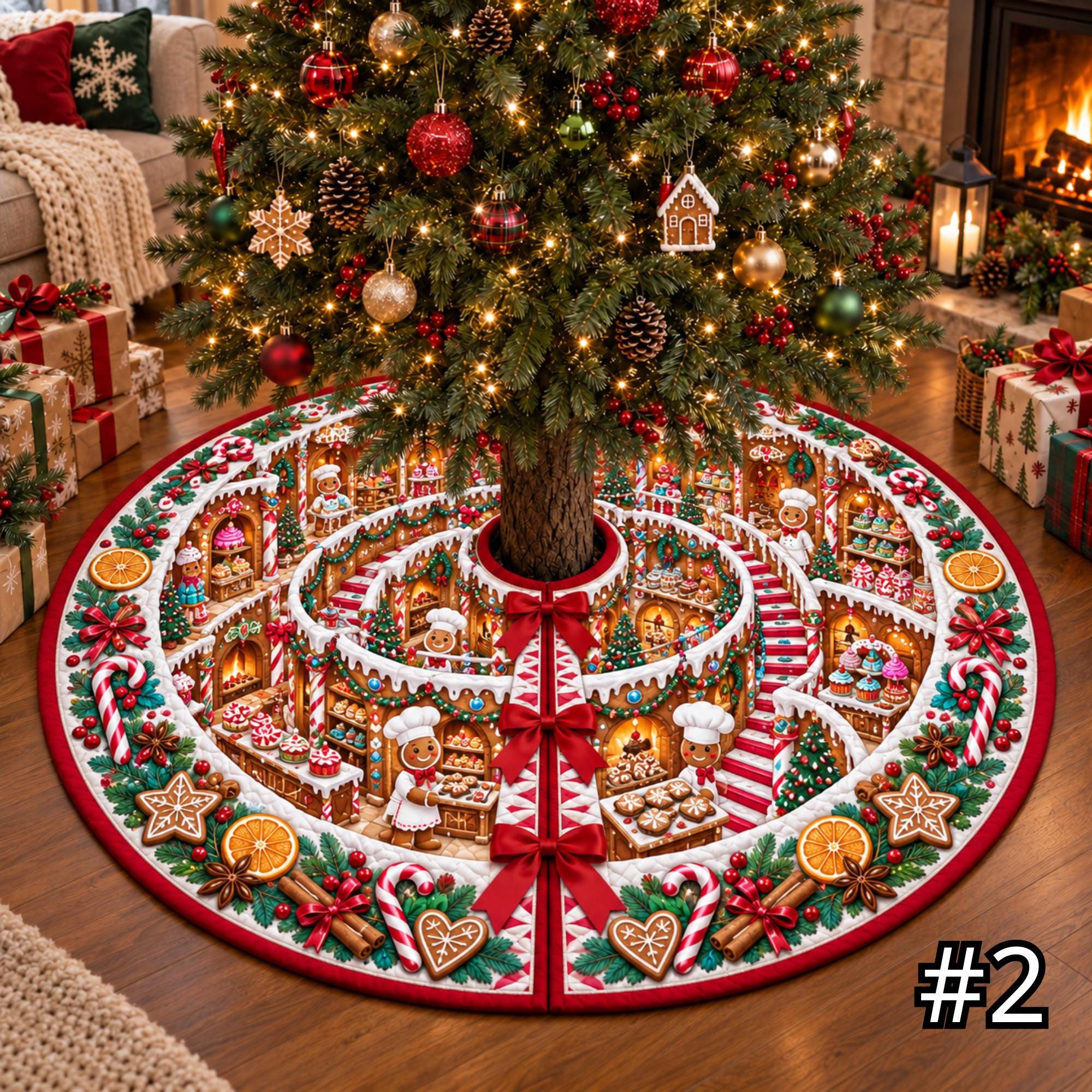 Gingerbread Bakery Atrium Quilt Christmas Tree Skirt – Cookie Shop Candy and Pastry Scene - Image 2