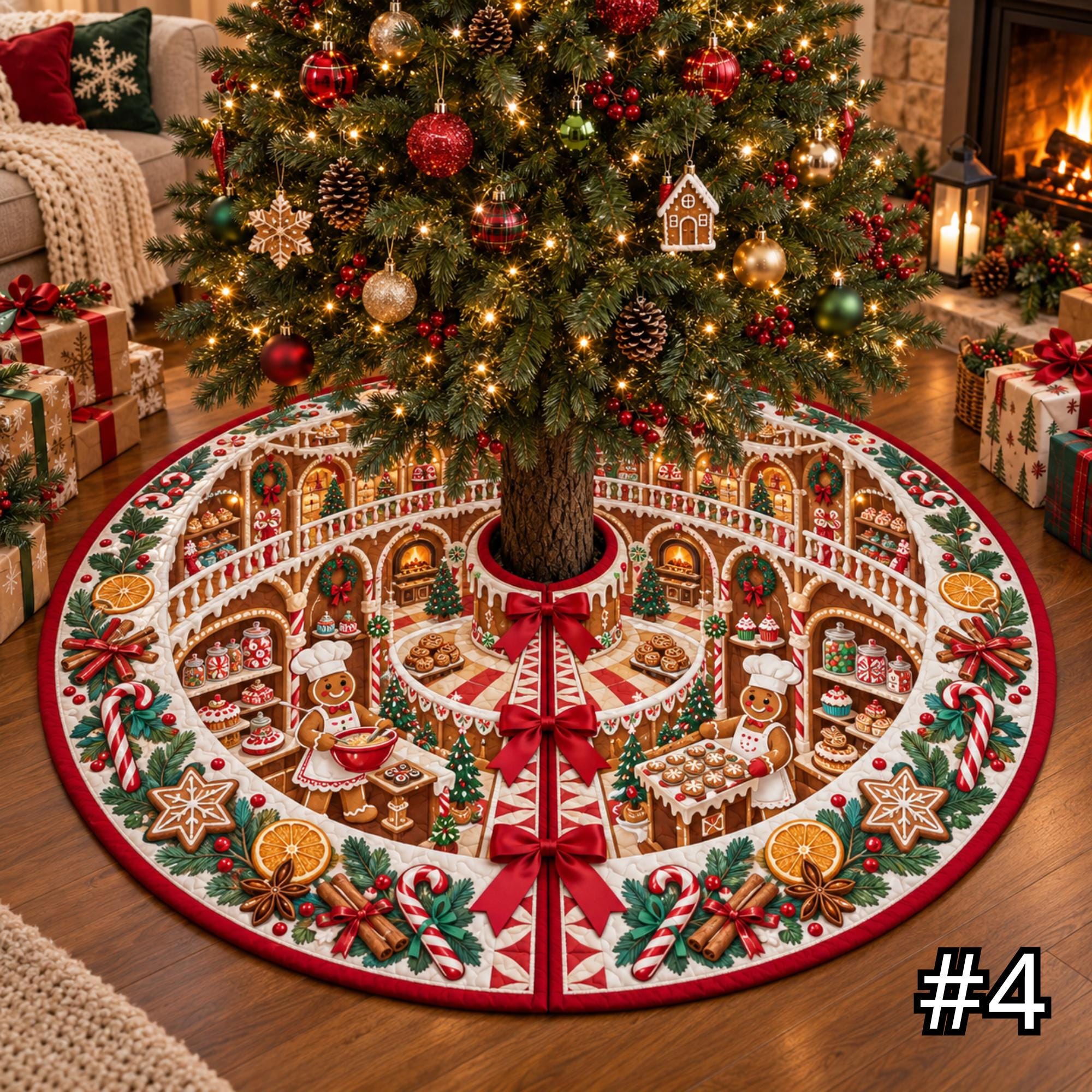 Gingerbread Bakery Atrium Quilt Christmas Tree Skirt – Cookie Shop Candy and Pastry Scene - Image 4
