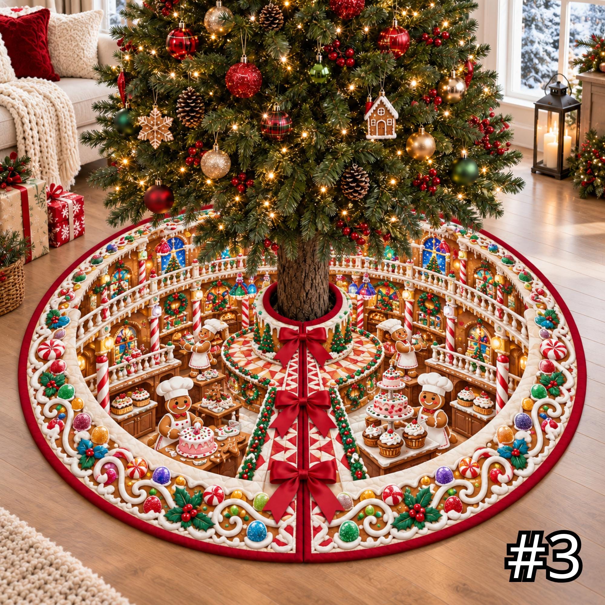 Gingerbread Bakery Atrium Quilt Christmas Tree Skirt – Cookie Shop Candy and Pastry Scene - Image 3