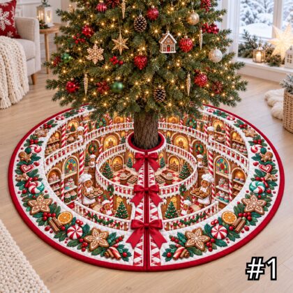 Gingerbread Bakery Atrium Quilt Christmas Tree Skirt – Cookie Shop Candy and Pastry Scene
