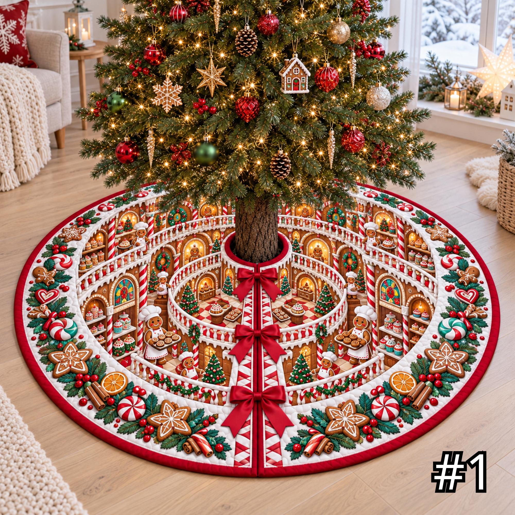 Gingerbread Bakery Atrium Quilt Christmas Tree Skirt – Cookie Shop Candy and Pastry Scene