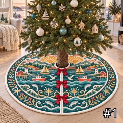 Nordic Fjord Festival Quilt Christmas Tree Skirt – Sailboats Lighthouse Fishing Village and Waves