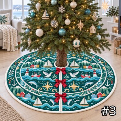 Nordic Fjord Festival Quilt Christmas Tree Skirt – Sailboats Lighthouse Fishing Village and Waves - Image 3