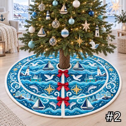 Alternative view of Nordic Fjord Festival Quilt Christmas Tree Skirt – Sailboats Lighthouse Fishing Village and Waves