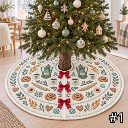 Scandinavian Fika Bakery Quilt Christmas Tree Skirt – Cinnamon Bun Waffle Cocoa and Gingerbread Folk Art