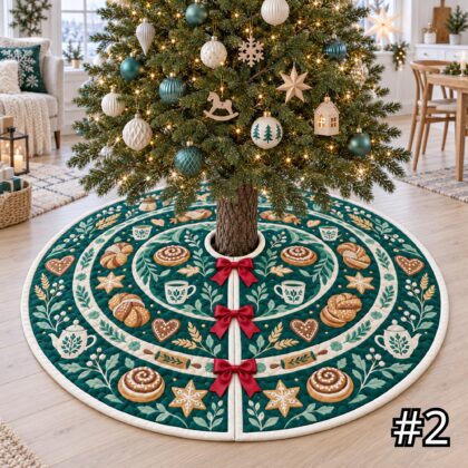 Alternative view of Scandinavian Fika Bakery Quilt Christmas Tree Skirt – Cinnamon Bun Waffle Cocoa and Gingerbread Folk Art