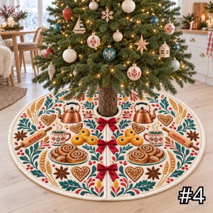Scandinavian Fika Bakery Quilt Christmas Tree Skirt – Cinnamon Bun Waffle Cocoa and Gingerbread Folk Art - Image 4