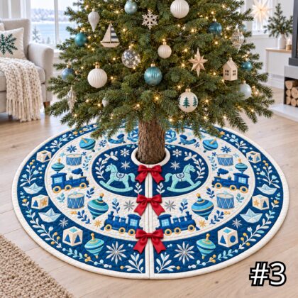 Vintage Nordic Toy Parade Quilt Christmas Tree Skirt – Wooden Train Rocking Horse Drum and Spinning Top - Image 3