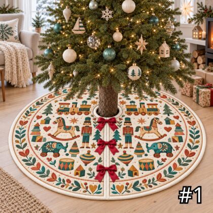 Vintage Nordic Toy Parade Quilt Christmas Tree Skirt – Wooden Train Rocking Horse Drum and Spinning Top