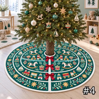 Vintage Nordic Toy Parade Quilt Christmas Tree Skirt – Wooden Train Rocking Horse Drum and Spinning Top - Image 4