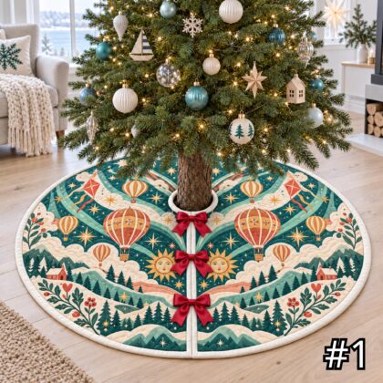 Aurora Balloon Carnival Quilt Christmas Tree Skirt – Hot Air Balloons Kites Stars and Emerald Aqua Gold