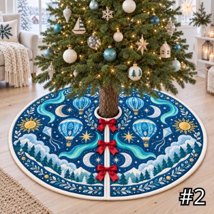 Alternative view of Aurora Balloon Carnival Quilt Christmas Tree Skirt – Hot Air Balloons Kites Stars and Emerald Aqua Gold