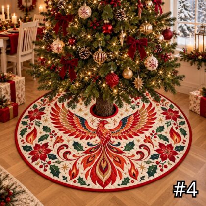 Fire Phoenix Quilt Christmas Tree Skirt – Red Gold Mythical Bird with Flame Wings - Image 4