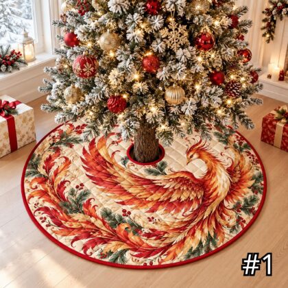 Fire Phoenix Quilt Christmas Tree Skirt – Red Gold Mythical Bird with Flame Wings