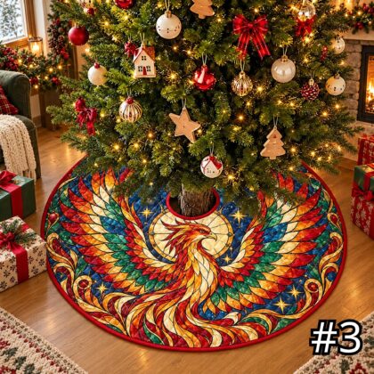 Fire Phoenix Quilt Christmas Tree Skirt – Red Gold Mythical Bird with Flame Wings - Image 3