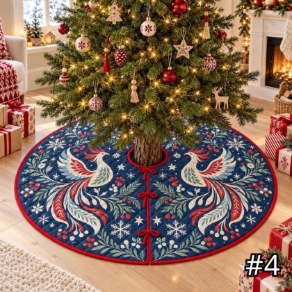 Frost Phoenix Quilt Christmas Tree Skirt – Icy Blue White Mythical Bird with Snowflake Details - Image 4