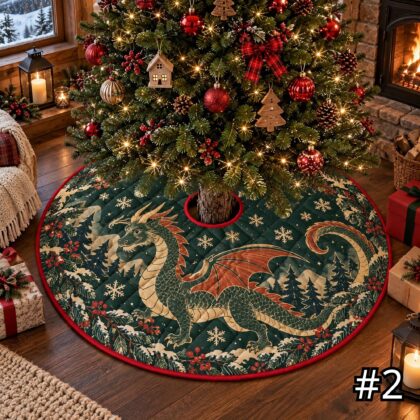 Alternative view of Emerald Dragon Quilt Christmas Tree Skirt – Green Gold Mythical Serpent with Botanical Details