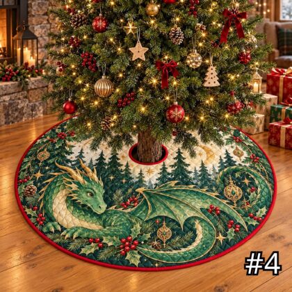 Emerald Dragon Quilt Christmas Tree Skirt – Green Gold Mythical Serpent with Botanical Details - Image 4